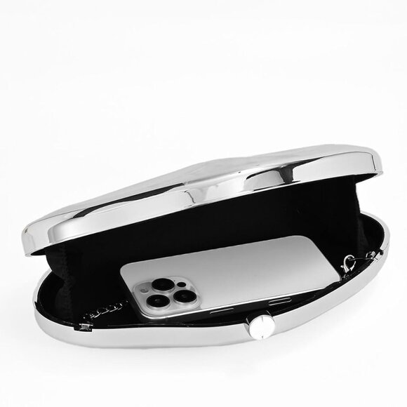 Silver acrylic clutch purse with sculptural design, magnetic closure, gold chain - Picture 4 of 6